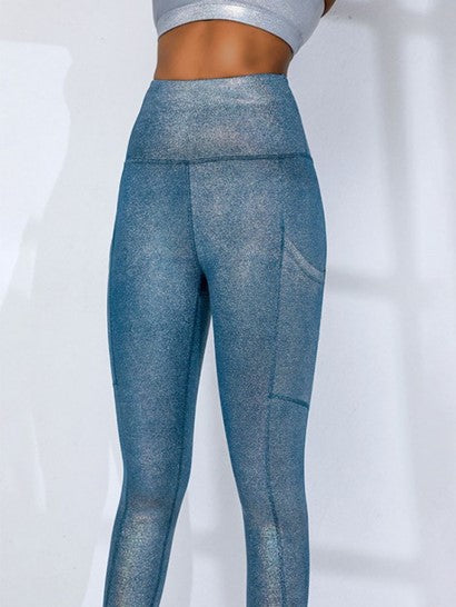Glitter Metallic Sequin Yoga Leggings With Phone Pocket