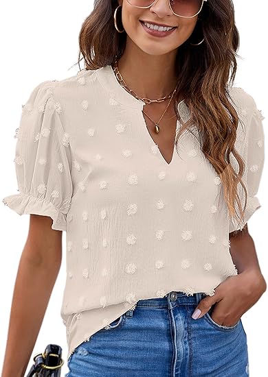 Women's Puff Sleeve Casual Tops Fashion White Polka Dot Blouses Dressy Ladies Summer Tops